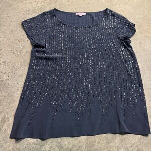 Calypso Women's Black Silk Beaded Embroidered Short Sleeve Blouse Top Sz L Boho